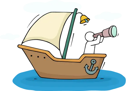 Cartoon person looking through a telescope on a boat