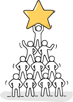 Cartoon people standing in pyramid holding a star